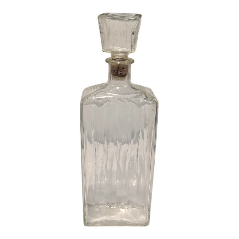 Vintage Clear Glass Spearpoint Liquor‎ Decanter Square Stopper Ribbed Diamond